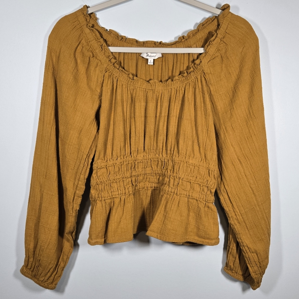 Madewell Sophia Peplum Prairie Top Mustard Yellow Boho Long Sleeve Blouse Medium